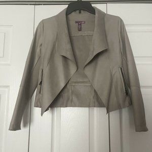 Women's Aqua Light Tan Faux Leather Short Jacket Ribbed Combo Sleeves Size M